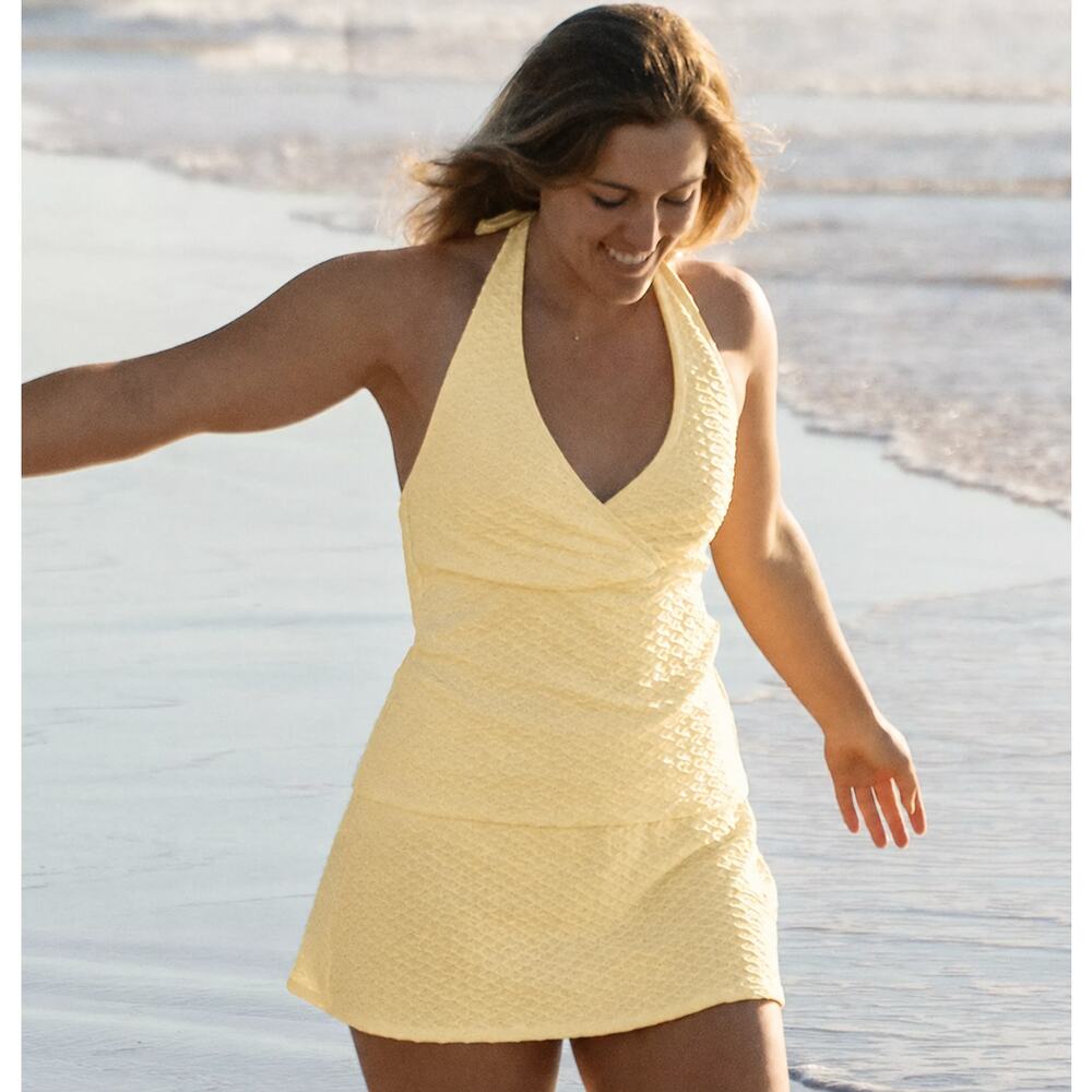 Land's End Women's Texture Halter Tankini Swimsuit Top Butter Yellow M 10-12